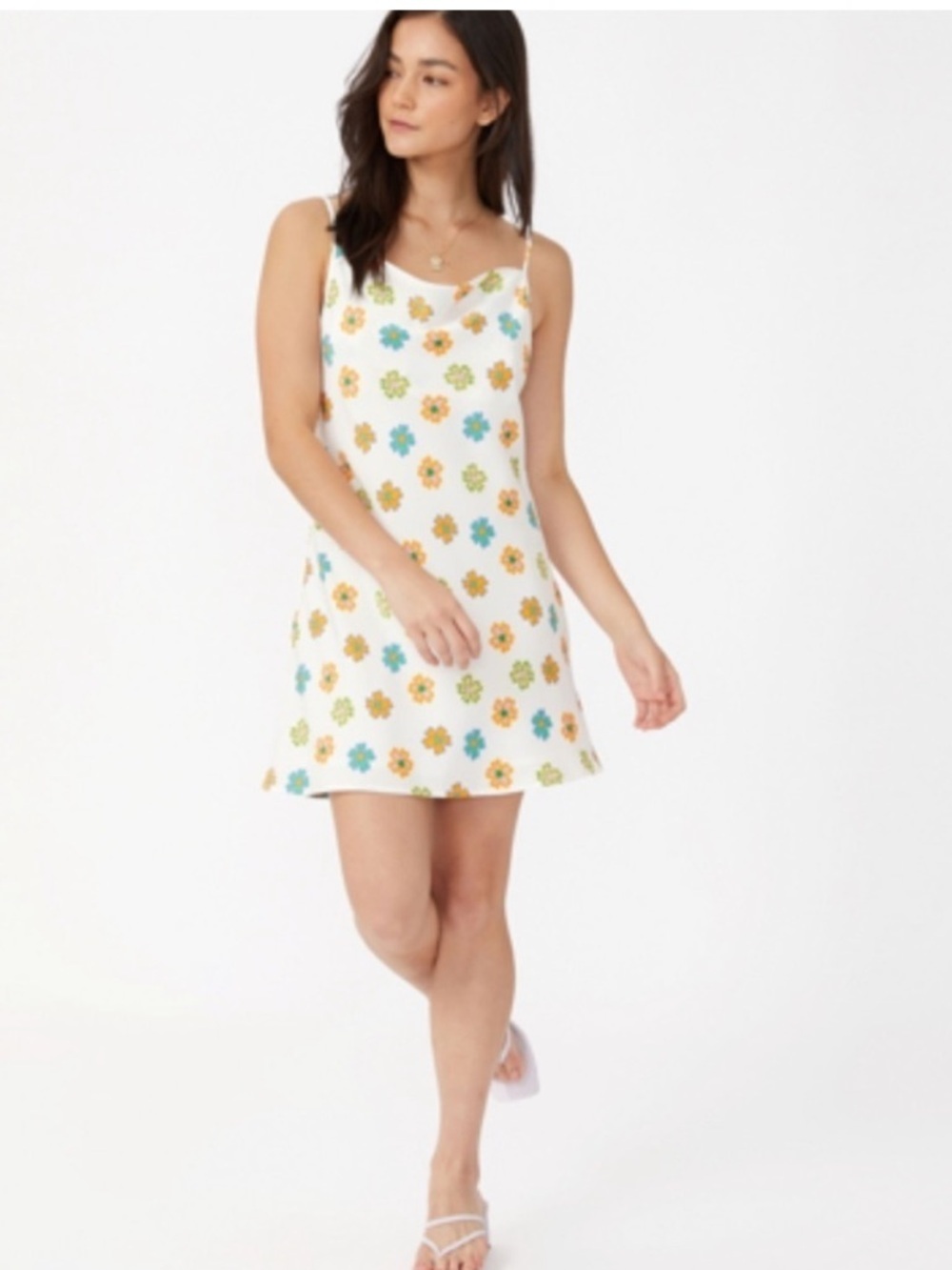 Cotton On Santorini Floral Cowl Neck Mini Dress Size Medium, 18” PTP, 32” L